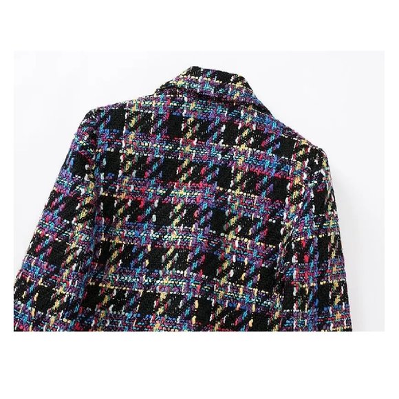 Cropped Tweed Jacket Multicolor Tartan Plaid Jacket Buttoned - Picture 8 of 11